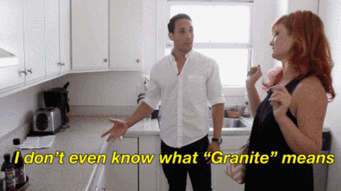 Man And Woman In Kitchen Saying I Don't Even Know What Granite Means GIF
