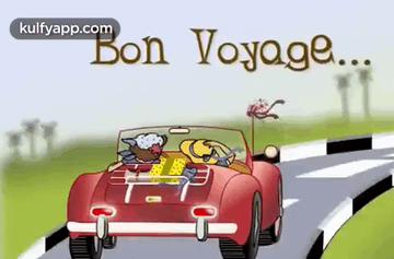Man and Woman in Red Car Bon Voyage