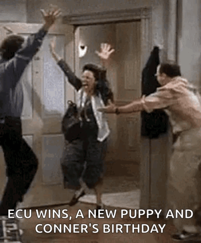 Man And Woman Jumping In Air While Man Holds Woman's Hand GIF