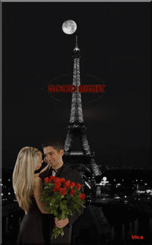 Man And Woman Kissing Eiffel Tower Red Good Night GIF