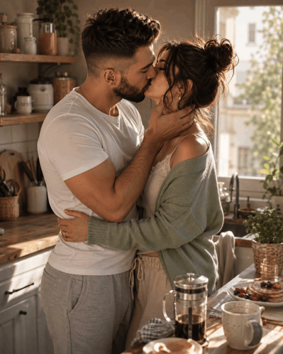 Man And Woman Kissing In Kitchen With French Press GIF