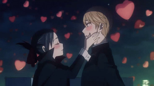 Man and Woman Kissing with Flying Hearts