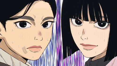 Man and Woman Looking at Each Other Purple Background