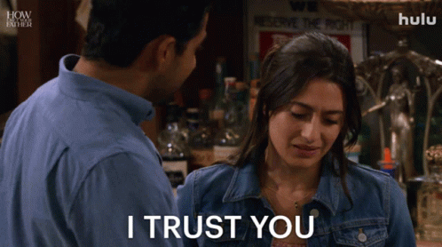 Man and Woman Looking at Each Other Woman Saying I Trust You