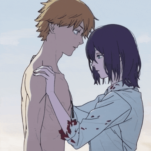 Man and Woman Looking, Blood on Her Arm