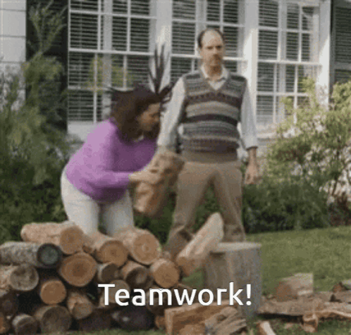 Man And Woman Next To Logs With Teamwork GIF