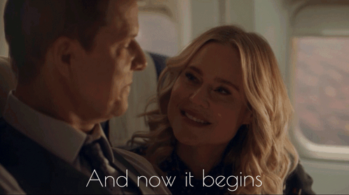 Man And Woman On Airplane Saying And Now It Begins GIF