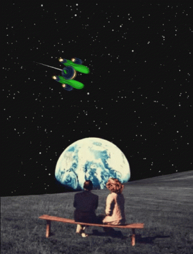 Man and Woman on Bench Watching Green Spaceship Over Earth