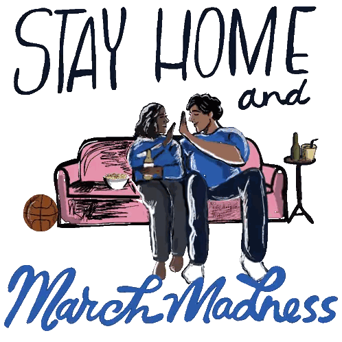 Man And Woman On Pink Couch With Stay Home And March Madness