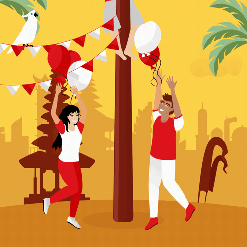 Man and Woman Playing With Balloons on Pole