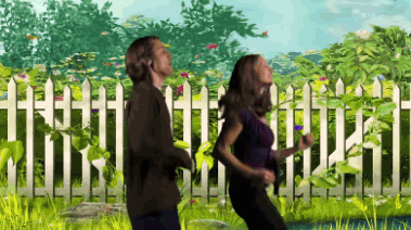 Man And Woman Running In Front Of Picket Fence GIF