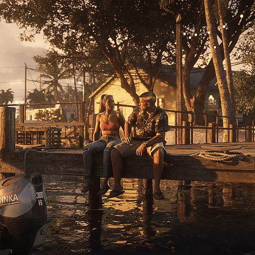 Man And Woman Sit On Dock Next To Boat Saying 300 GIF