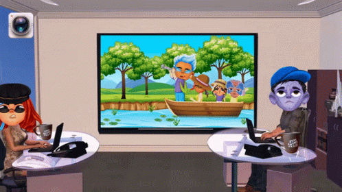 Man and Woman Sitting at Desks With Boat Screen
