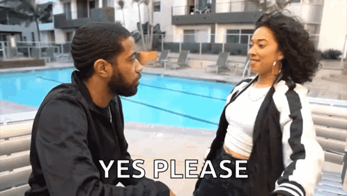 Man and Woman Sitting on Bench by Pool Woman Saying Yes Please