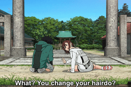 Man and Woman Sitting on Ground What You Change Your Hairdo