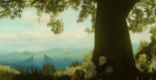 Man And Woman Sitting Under Tree With Mountains GIF