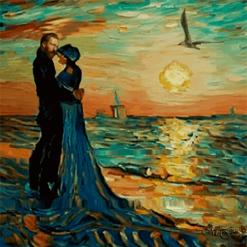 Man and Woman Standing by Ocean with Seagull