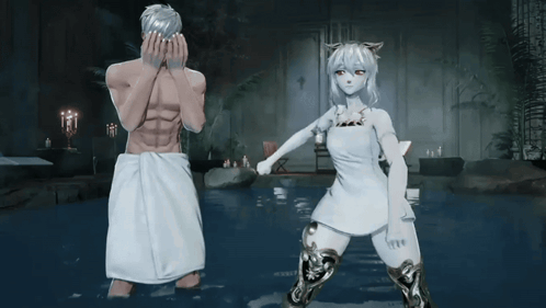 Man And Woman Standing In Bathtub Covered In Towels GIF
