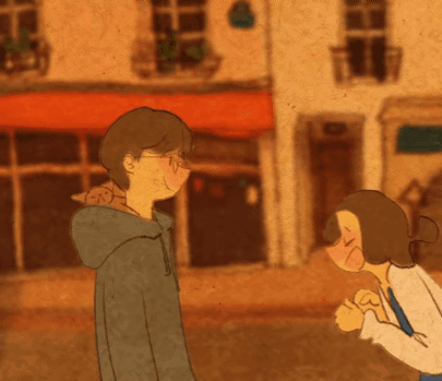Man And Woman Standing In Front Of Building GIF