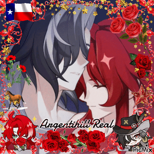 Man and Woman Surrounded by Red Roses and Texas Flag