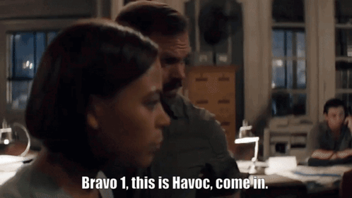 Man And Woman Talking Woman Saying Bravo 1 This Is Havoc Come In GIF