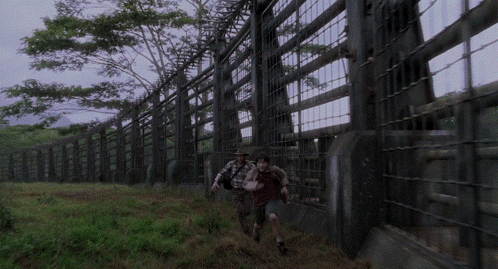 Man And Woman Walking Through Fenced Area With Trees GIF