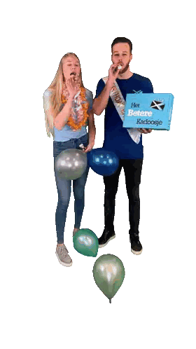Man and Woman with Balloons and Box