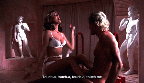 Man And Woman With Statues Saying Touch-A Touch Me GIF