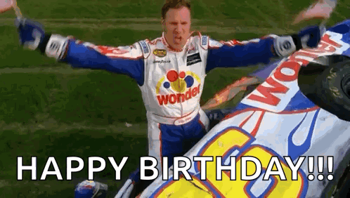 Man Arms Outstretched Next to Race Car Happy Birthday