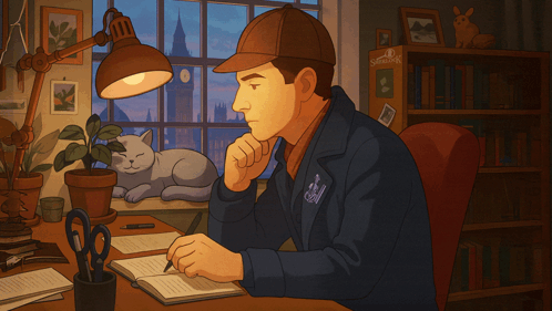 Man at Desk in Front of Bookshelf Saying Sherlock