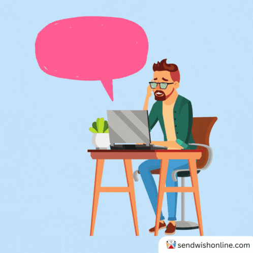 Man at Desk With Laptop and Pink Speech Bubble Say Sendwishonline.com