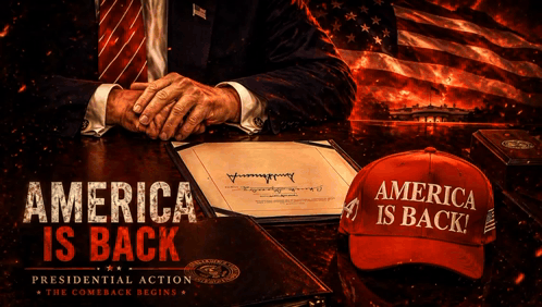 Man At Desk With Red Hat Saying America Is Back GIF