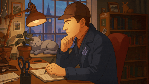 Man at Desk With Sherlock Holmes Bookshelf