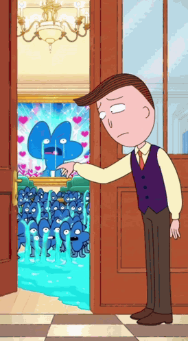 Man at Door With Blue Cartoon Characters