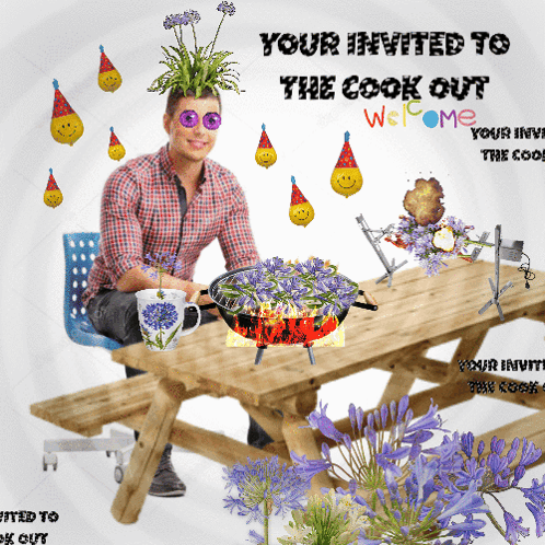 Man at Picnic Table with Flowers on Head