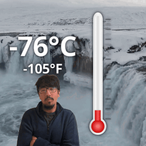 Man At Waterfall With Thermometer -76 Degrees Celsius GIF