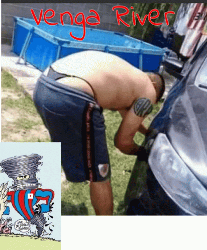 Man Bending Over Next to Car Saying Venga River