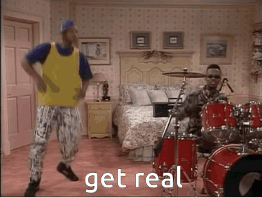 Man Dancing at Drum Set Saying Get Real