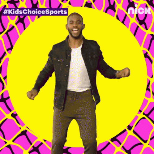 Man Dancing Denim Jacket Brown Pants Pink Yellow Circle