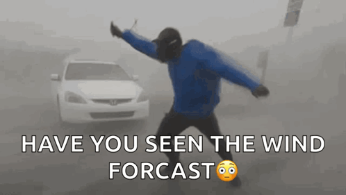 Man Dancing in Front of Car With Wind Forecast