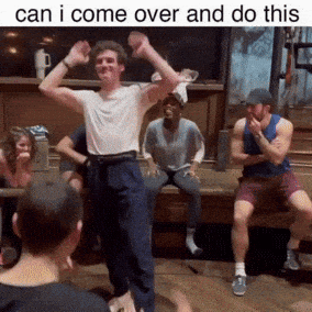 Man Dancing in Front of Group Saying Can I Come Over and Do This