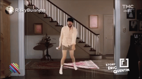Man Dancing In Front Of Staircase Riskybuisness GIF