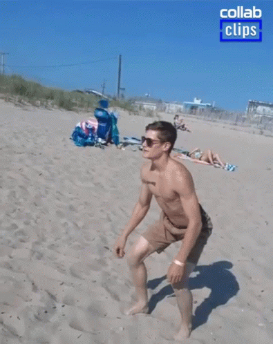 Man Doing Handstand on Beach With Collab Clips Logo