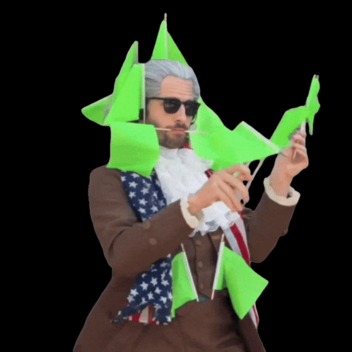 Man Dressed as George Washington Holding Green Flags