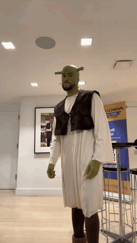 Man Dressed as Shrek in Front of UCB Sign