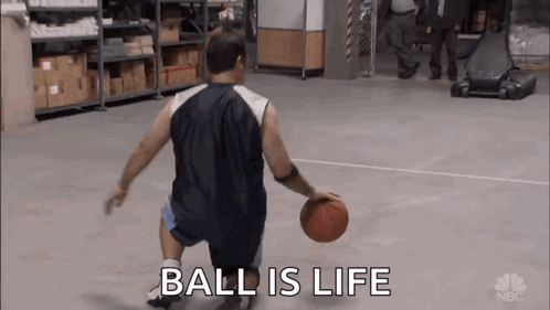 Man Dribbling Basketball In Warehouse Saying Ball Is Life GIF