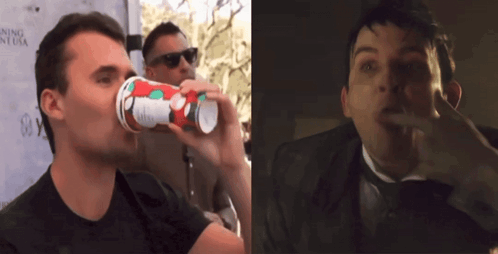 Man Drinking from Cup Next to Man Making Funny Face