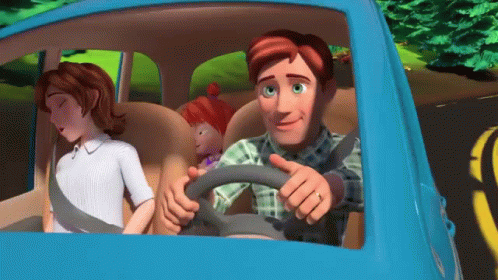 Man Driving Blue Car With Two Children in Back