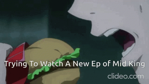 Man Eating Hamburger Trying to Watch New Ep of Mid King