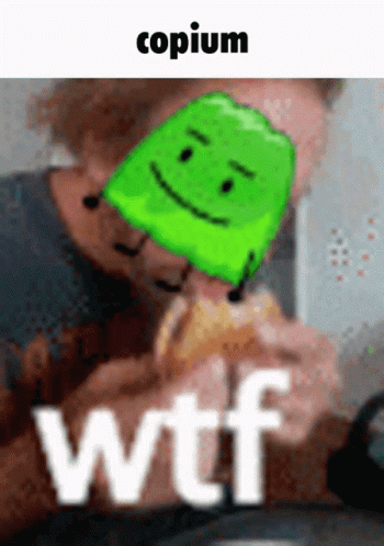 Man Eating Hamburger With Green Smiley Head Saying WTF